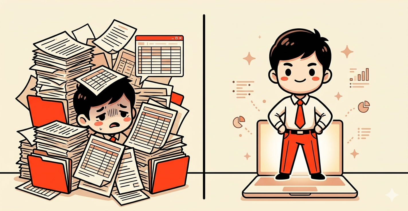 Two versions of a controller: buried in paperwork vs. standing confidently on a laptop with AI data around them