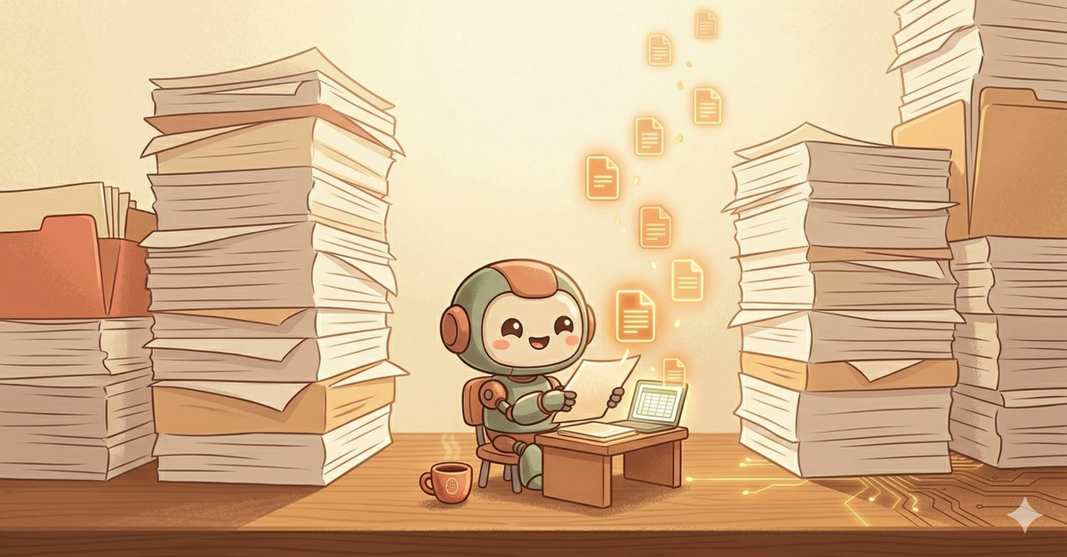 A tiny robot working through towering stacks of documents