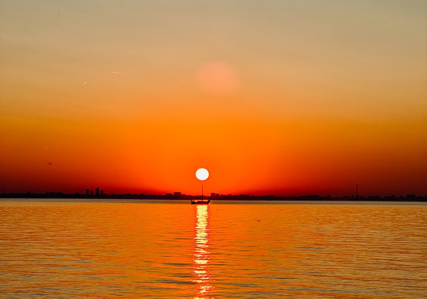 Sunset over the water in the Netherlands — a lone sailboat on the horizon